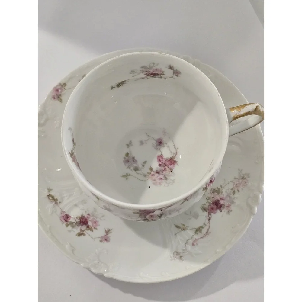 Haviland Limoges Schleiger Pink Rose Sprays Cup & Saucer Set Antique France
